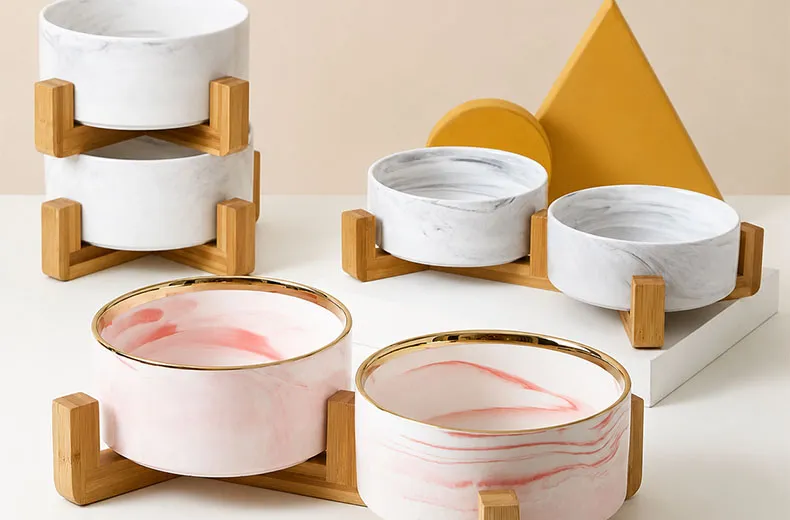 Ceramic Dog Cat Bowl with Bamboo Stand