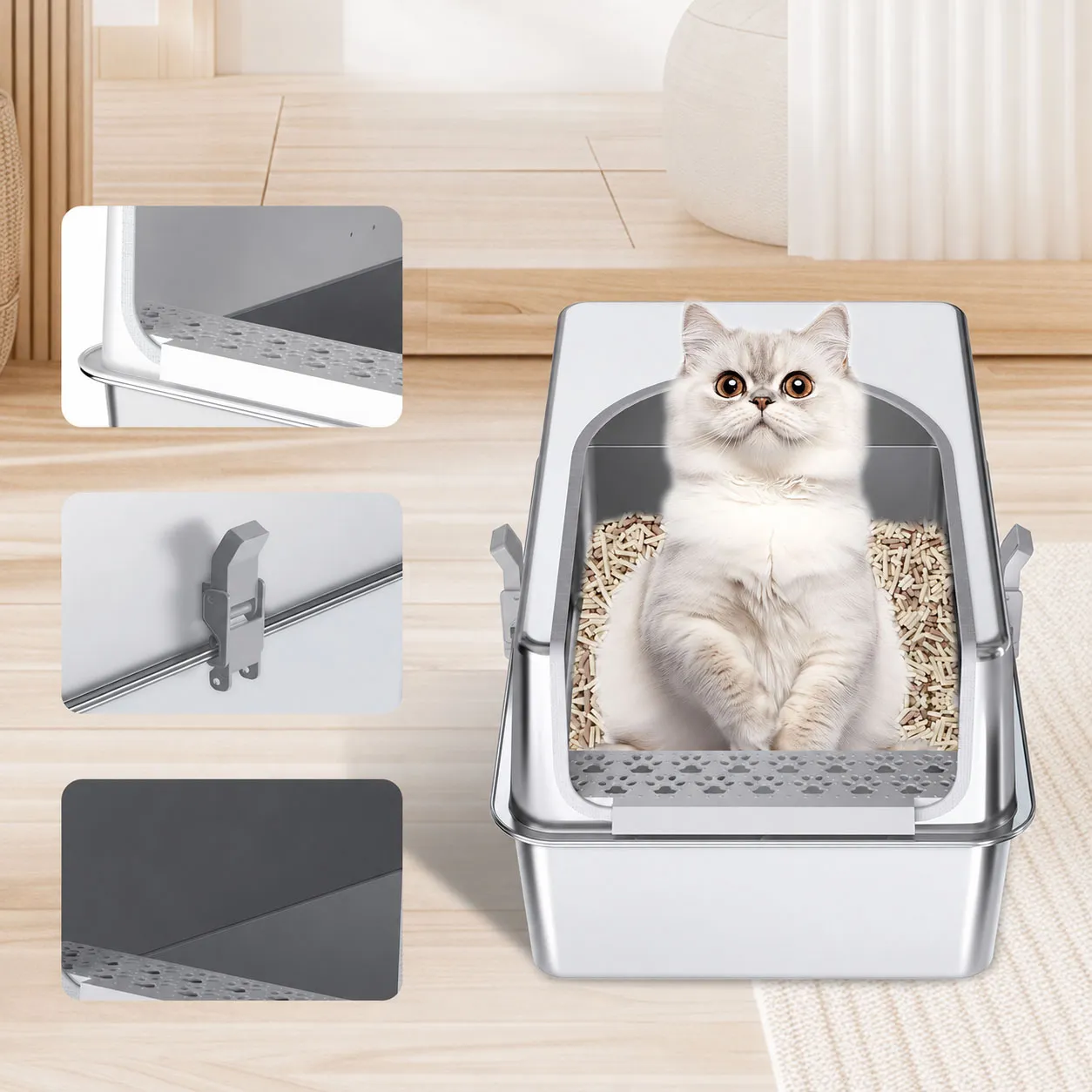 Extra Large Stainless Steel Cat Litter Box with High Sides