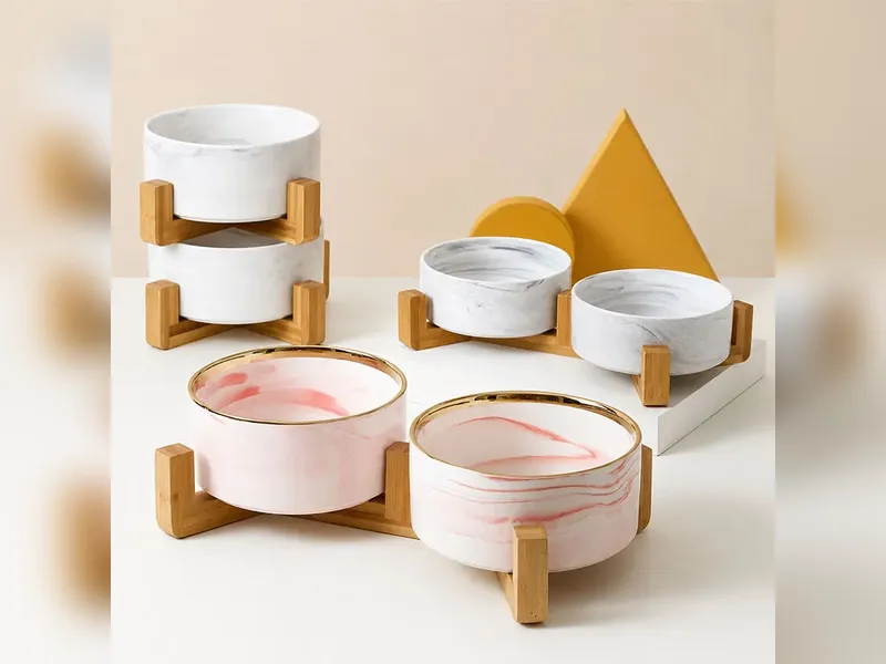 Ceramic Dog Cat Bowl with Bamboo Stand: A Practical Pet Bowl Set for Dogs and Cats