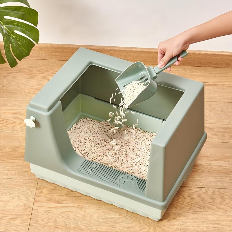 Semi-enclosed sage green cat litter tray