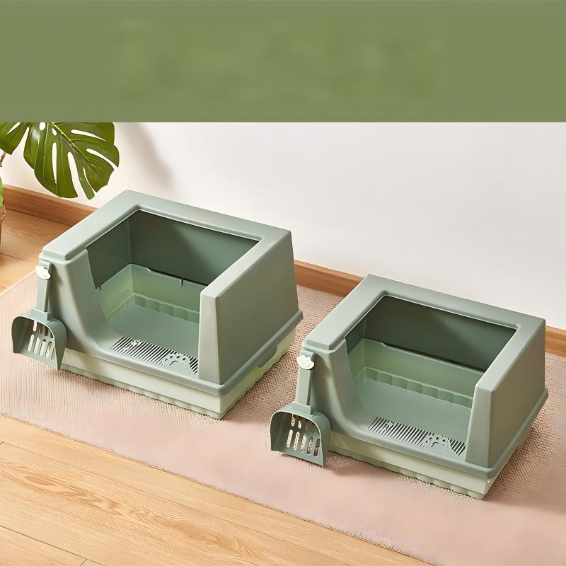 semi enclosed cat litter tray, semi enclosed litter box, sage green cat litter tray, PP cat litter tray, easy to clean cat litter tray,